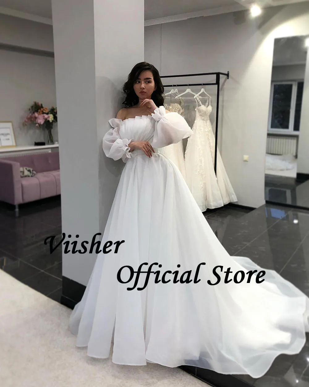 Viisher-A Line Organza Vestidos De Casamento Para Noiva, Puff Manga, Princesa Sem Alças Vestido De Noiva, Long Beach Vestido De Casamento