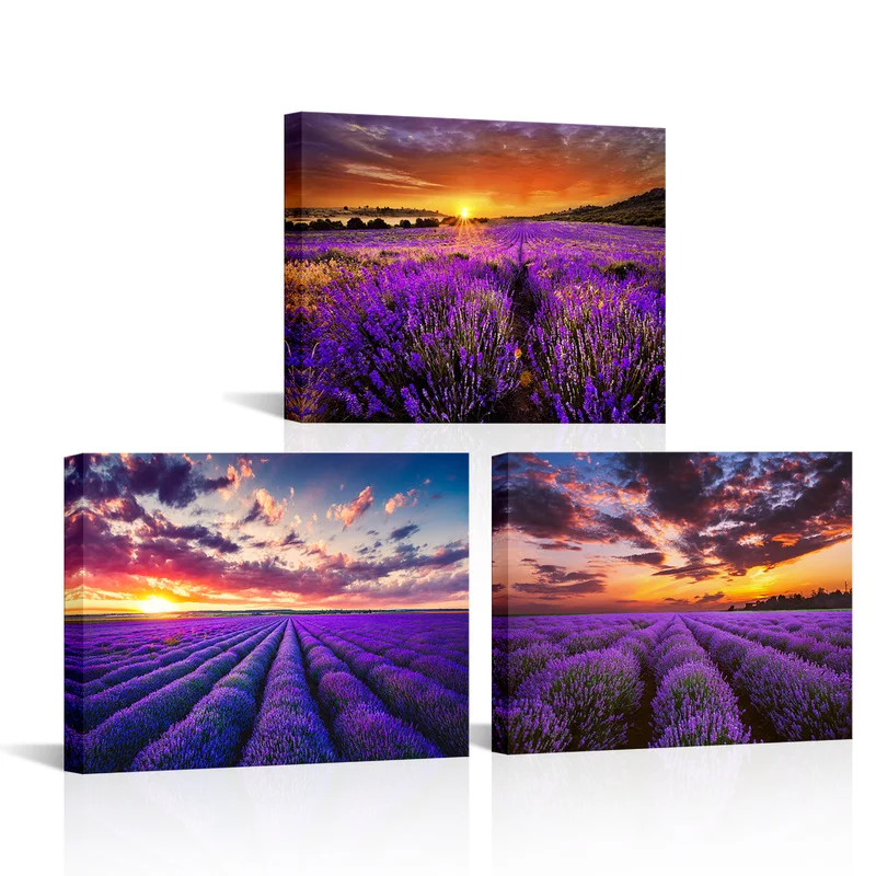 3 Pieces Lavender Field Wall Art Canvas Painting Beautiful Sunset Print Poster Modern Style Picture Living Room Home Decor