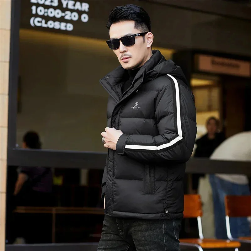 2025Men's Winter Down Jacket 2025 Short Thickened Striped Coat With Detachable Hat Clothing Business Casual Warm New Jack Top