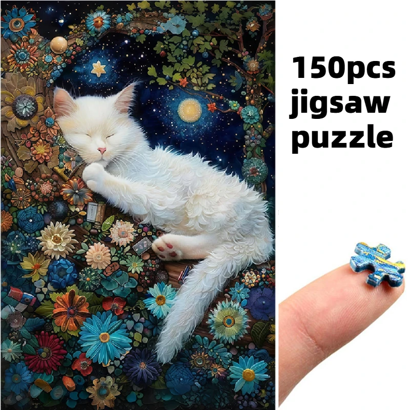 Mini Test Tube Jigsaw Puzzle White Cat Sleeping in Tree - Challenging Adult Decompression Toy Game for Family Entertainment