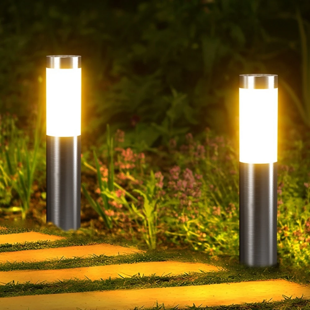 Solar Stainless Steel LED Modern Pathway Lights Upgraded Courtyard Outdoor Garden Cylindrical Lawn Light Outside Walkway Decor