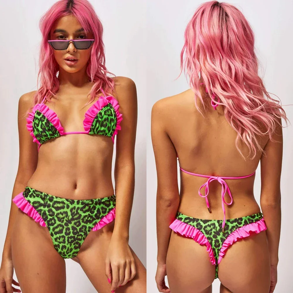 

Leopard Ruffle Bikini Fashion Women's Swimsuit Sexy Thong Bikinis Set Low Waisted Tanga Biquini Women Beach Bathing Suit Trikini