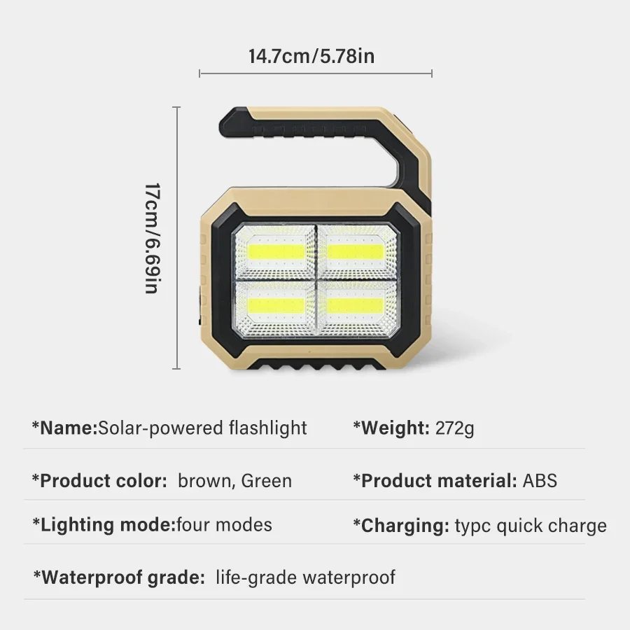 Lanterna LED recarregável solar, tocha de alta potência, luz de trabalho multifuncional, luz de acampamento, 5 modos de iluminação