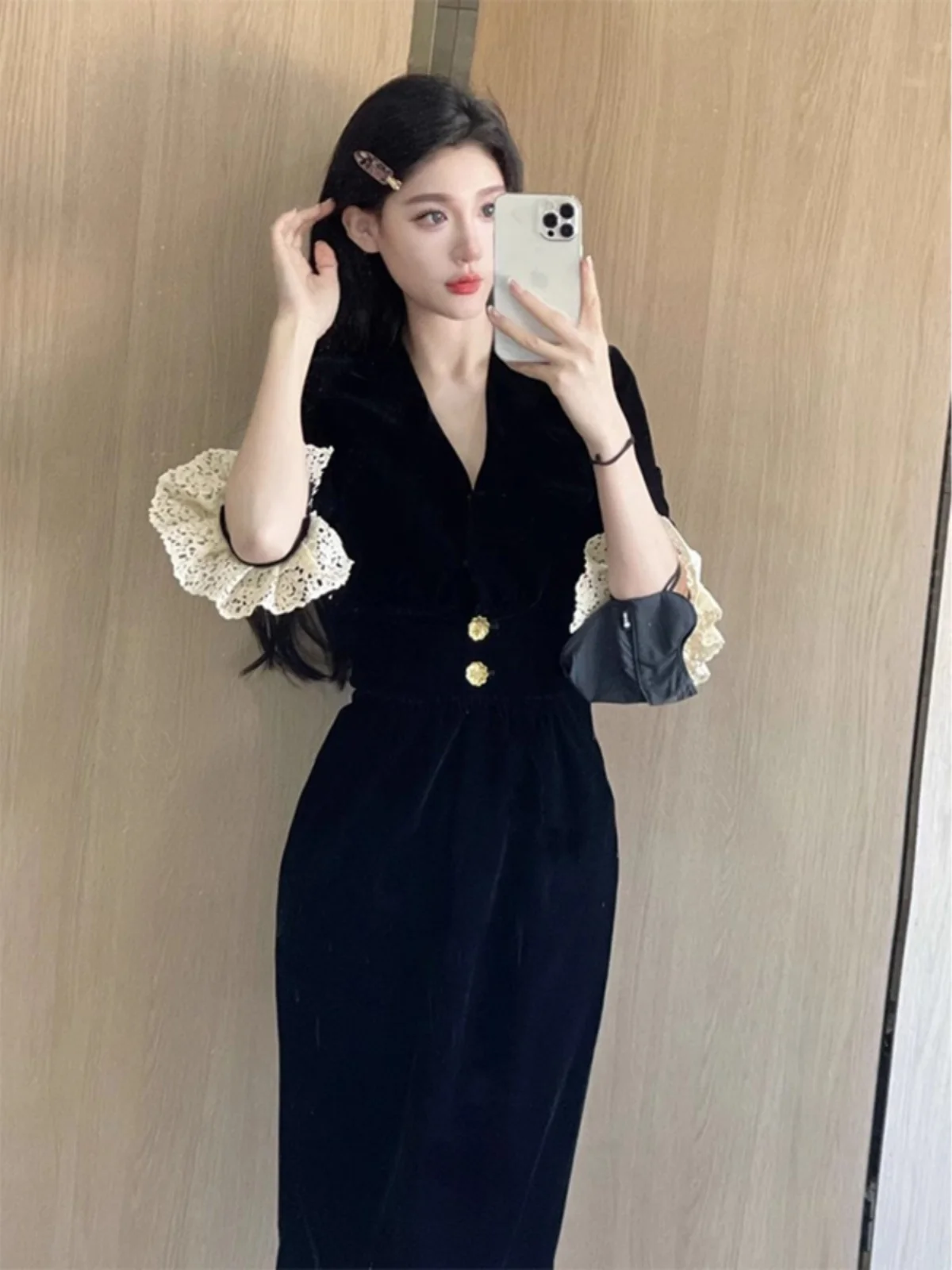 

Ele Bla Velvet Birthday Dr Women's Faion High Waist Slim Fit Long Sve Deep V Ne Midi Dr for Par And Perf...