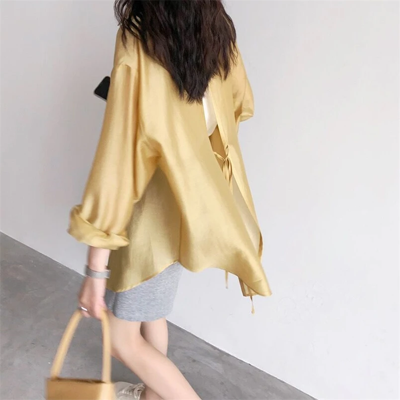 Summer Korean Fashion Button Up Thin Shirt Vintage Loose Blouse Women Long Sleeves Back Slit Chic Shirts Female High Street Tops