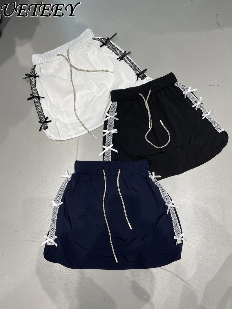 

Новая летняя универсальная короткая юбка с эластичной резинкой на шнурке и высокой талией, короткая юбка с бантом, анти-легкая подкладка, мини-юбки с надписью A