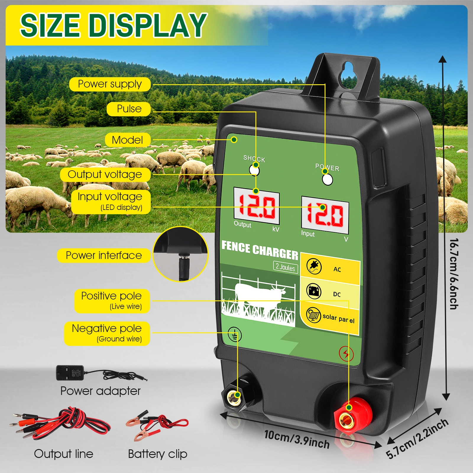 10KM電気柵用電源装置 2ジュール LCDディスプレイ付き - Livestock Fence Energizer 12V のレビューと価格