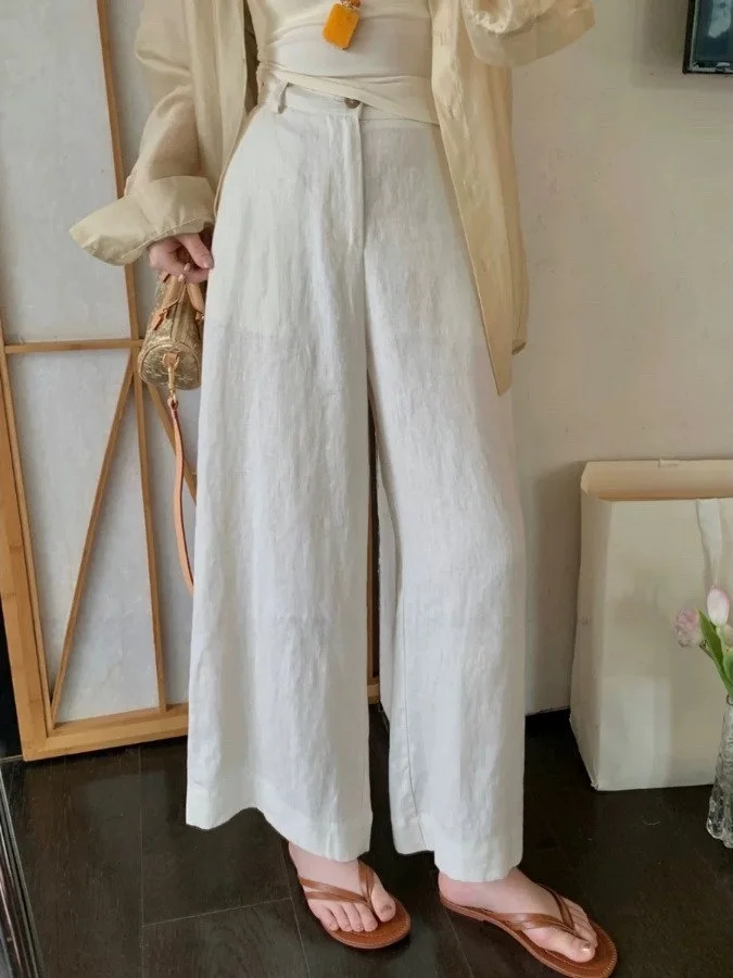 

Summer Cotton Linen Loose Slimming Zipper Elastic Waist Wide Leg Pants plus Size Women's Thin Nine Points Casual Pants