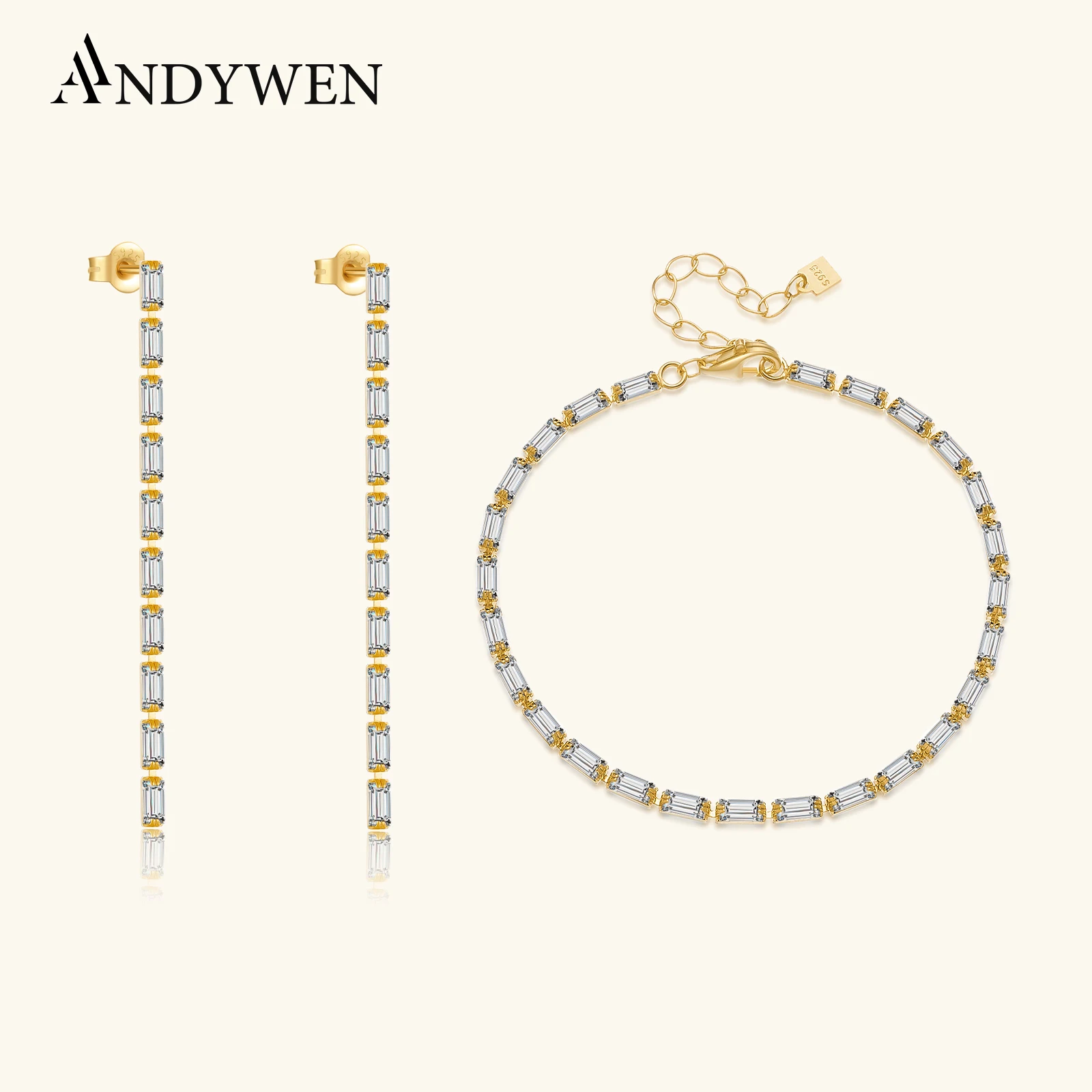 

ANDYWEN женский браслет из стерлингового серебра 925 пробы с геометрическим прямоугольником и цирконием, браслет с цирконием, серьги-капли, комплект 2021, роскошные ювелирные изделия, подарок