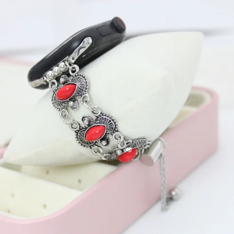 Hot Selling Handmade Exquisite Retro Relief Flower Metal Hollow iWatch Strap with Turquoise Inlay Bracelet Style Strap Unisex