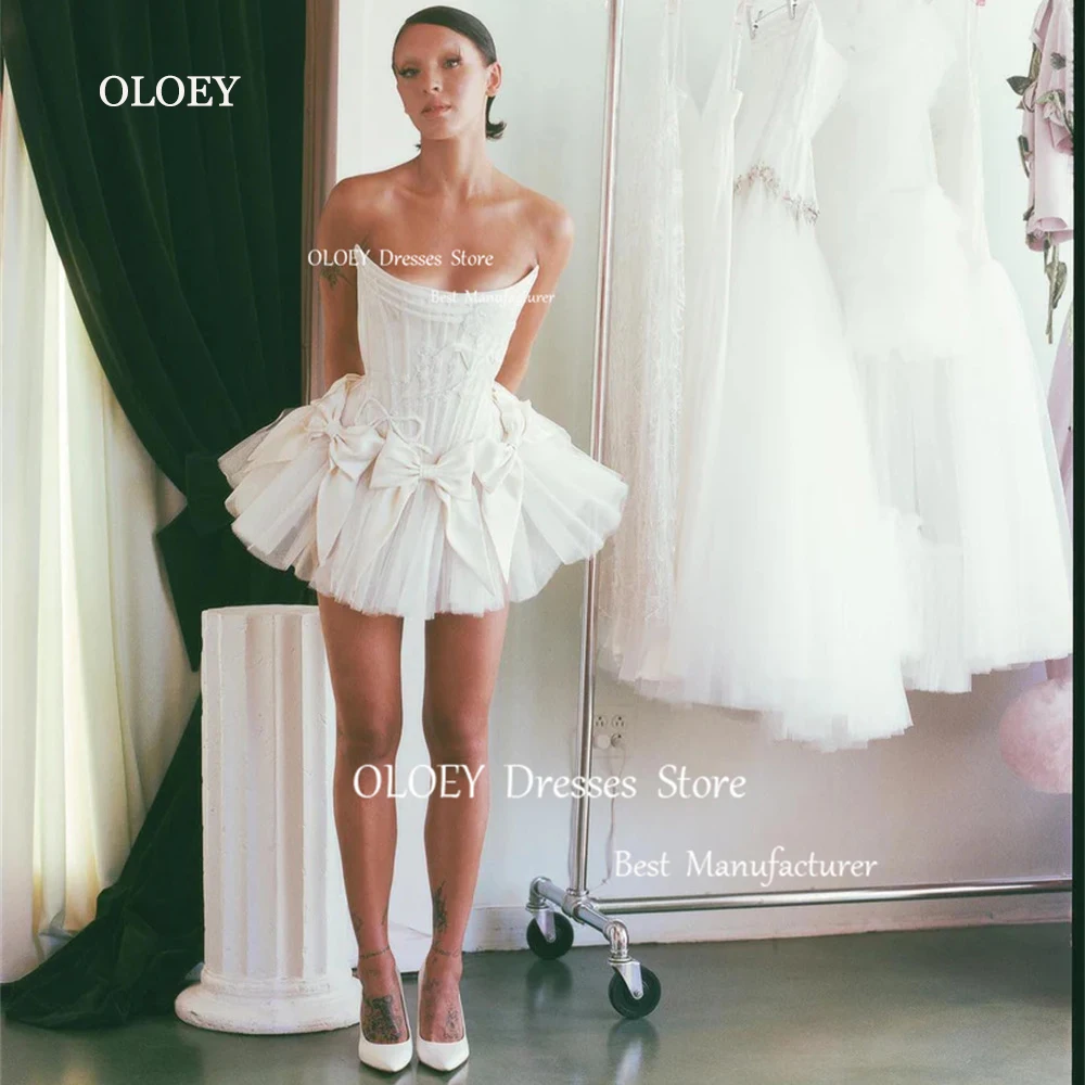 OLOEY 2024 Exquisite Ivory Wedding Dresses Corset Sleeveless Above Knee A Line Tulle Bridal Gowns Custom Made Bow Photoshoot