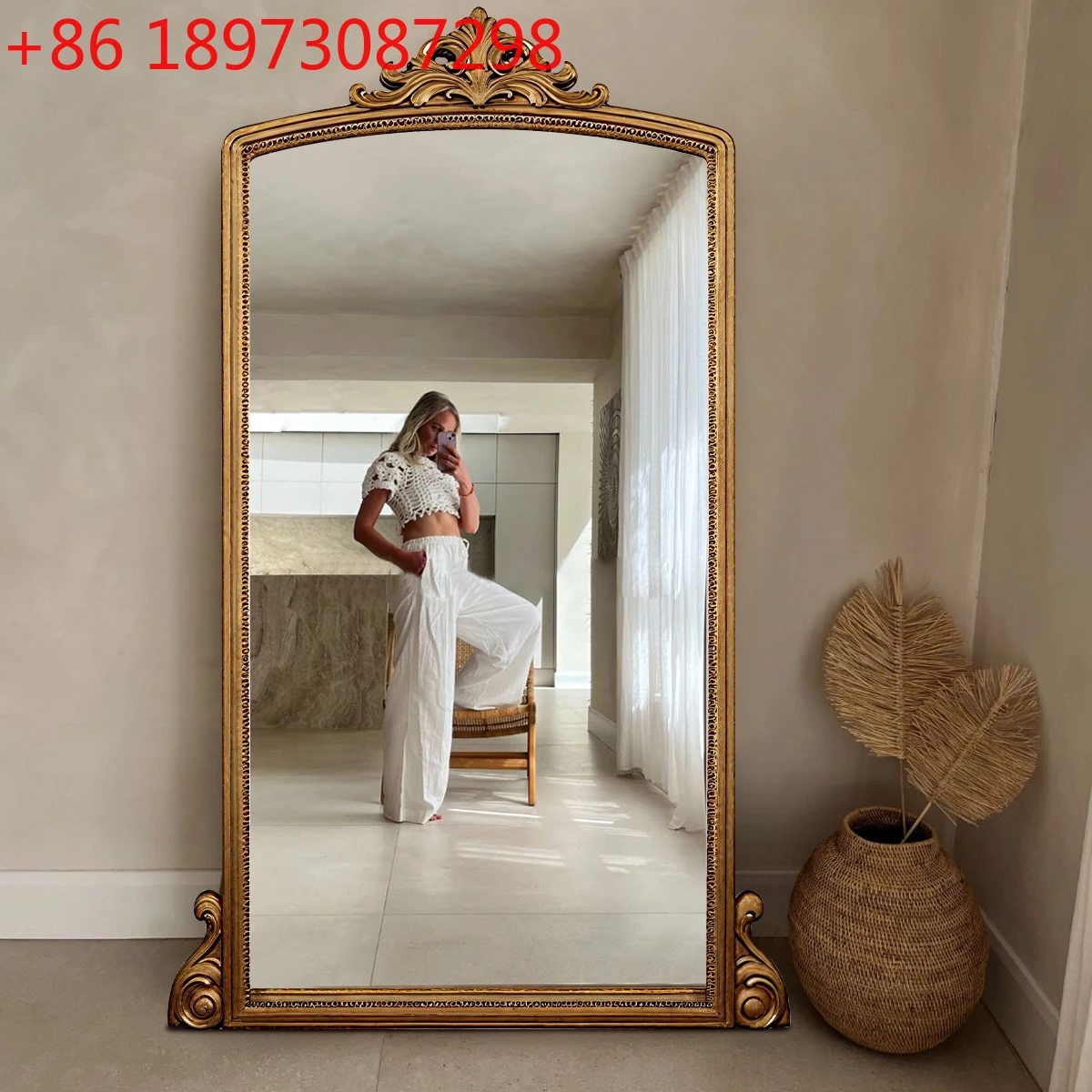 

American carved floor mirror French dressing fitting home retro living room full-body mirror