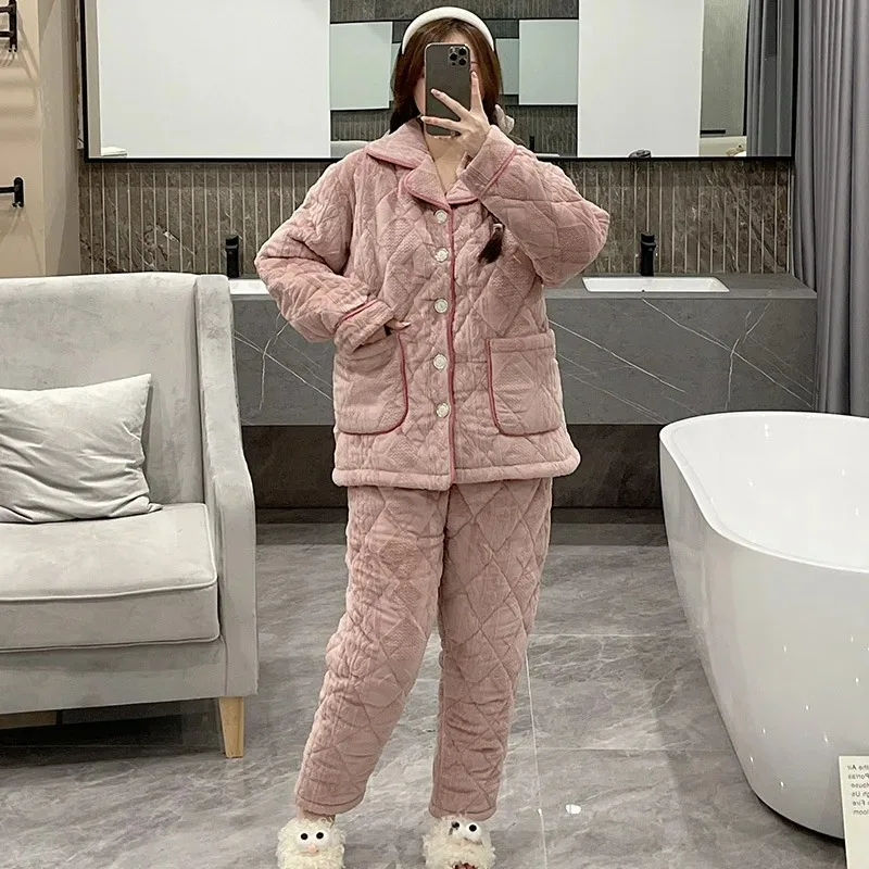 New 2023 Plus Size Loose Thickened Home Wear Loungewear Couple  Coral Fleece Pajamas Set Cotton-Padded Flannel Fashion Nightwear