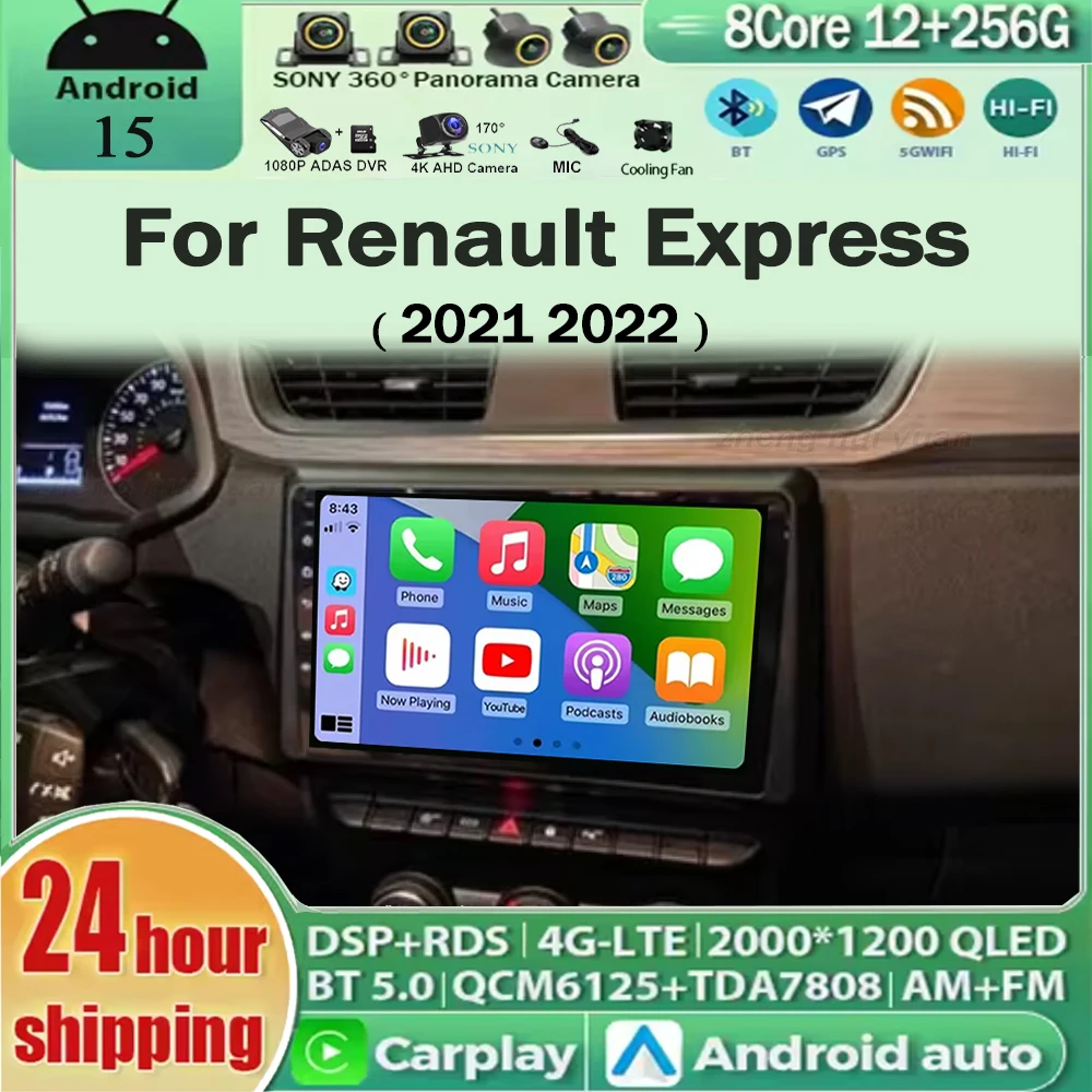 Radio para Auto con Android 16, Carplay y Auto, Navegación, Reproductor Multimedia Estéreo, BT, QLED, GPS, WIFI, 4G, para Renault Express 2021 2022