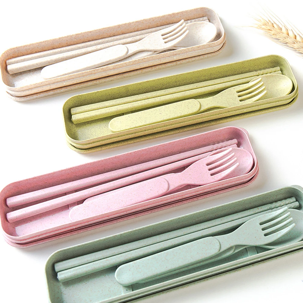 

Portable Kids Dining Set Wheat Straw Spoon Fork Chopsticks Safe Eco Friendly Odorless Travel Outdoor Camping Hiking Use Pink