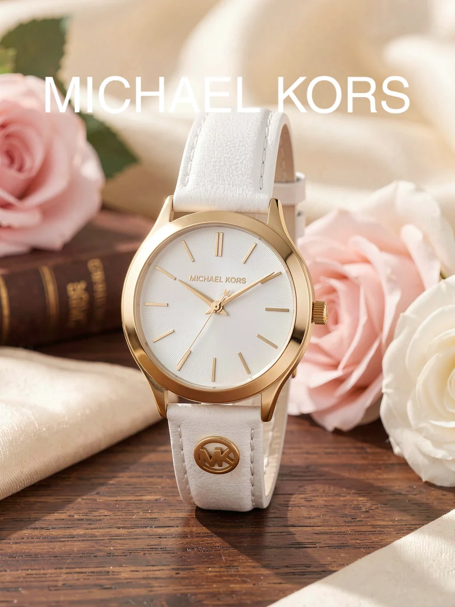 Michael Kors MK7466 Women's Watch Gold Case White Leather Strap Simple Quartz Wristwatch For Date night Graduation gift