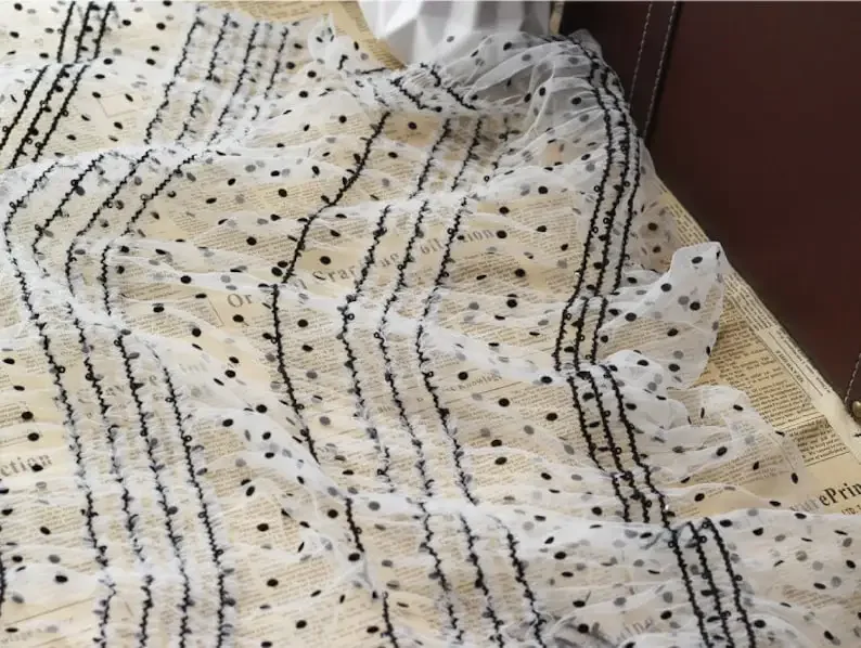 Tela de encaje flocado de lunares, blanco, negro, marrón, lentejuelas, tela de tul suave con volantes para niña, vestido tutú, boda, novia
