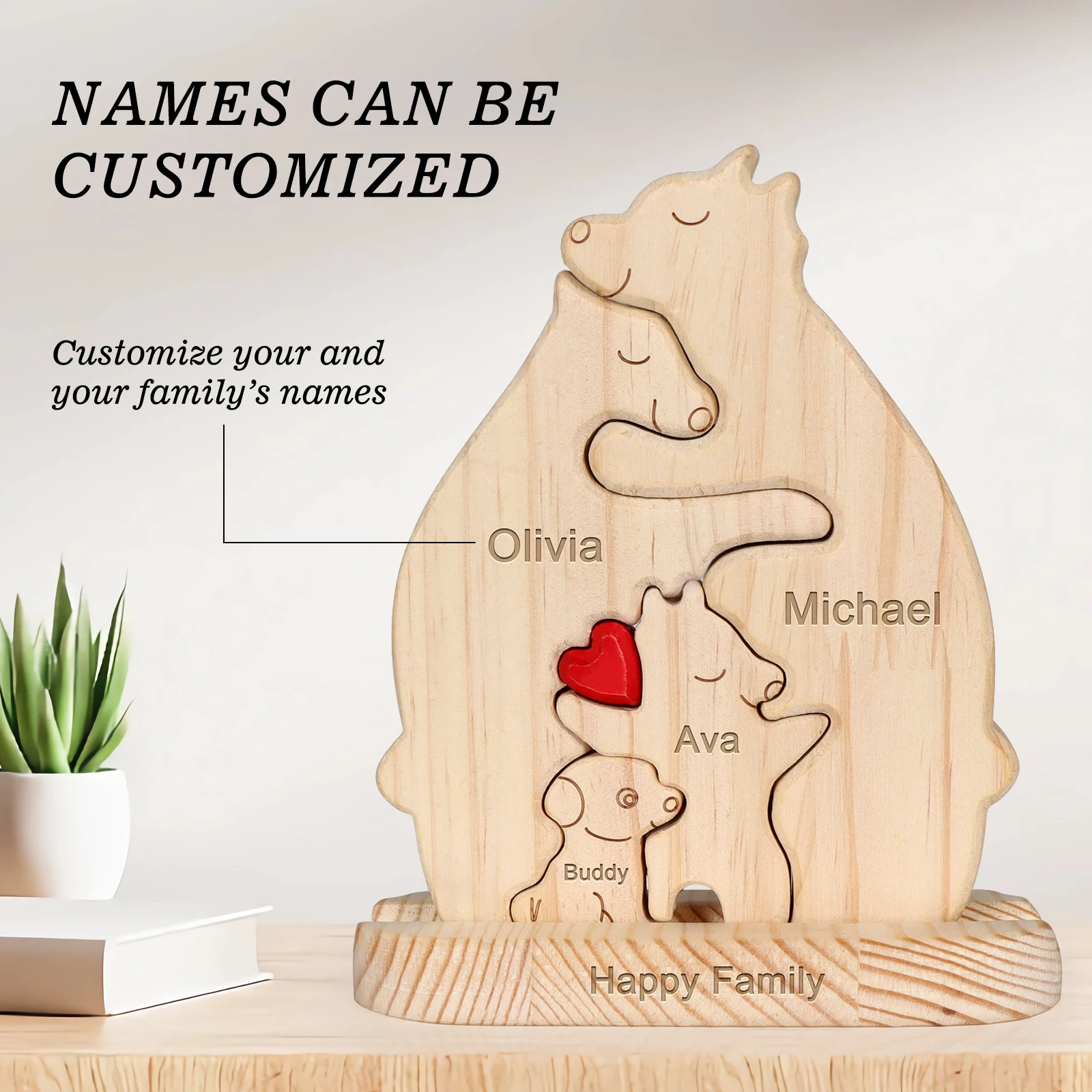 Индивидуализированный подарок на день рождения матери, скульптура с именами семьи, деревянный пазл, медведь, семейное сердце, пазлы, украшение для дома