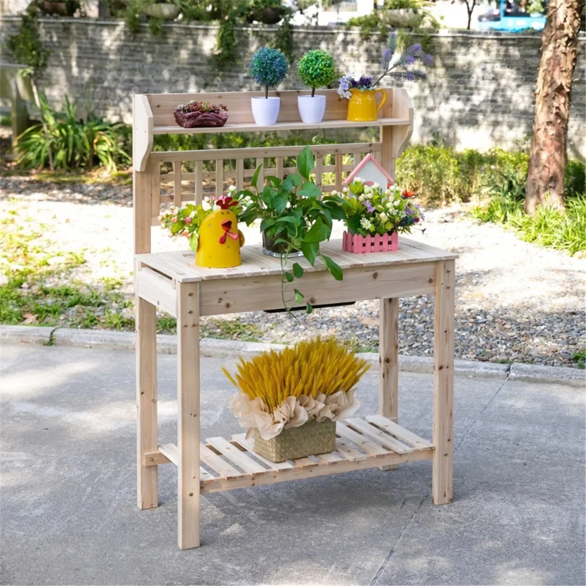 

1 x Potting table,Garden/balcony plant support,with bottom clapboard and Small shelf,Built-in sink (Plant Shelves)Color: Natural