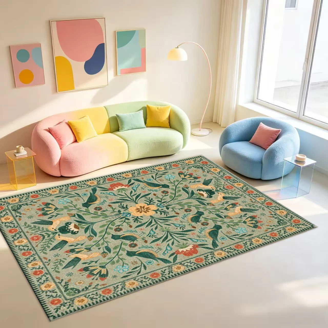 Green Bird Floral Vintage Area Rug Folk Art Style Indoor Floor Carpet Home Decor for Living Room Bedroom