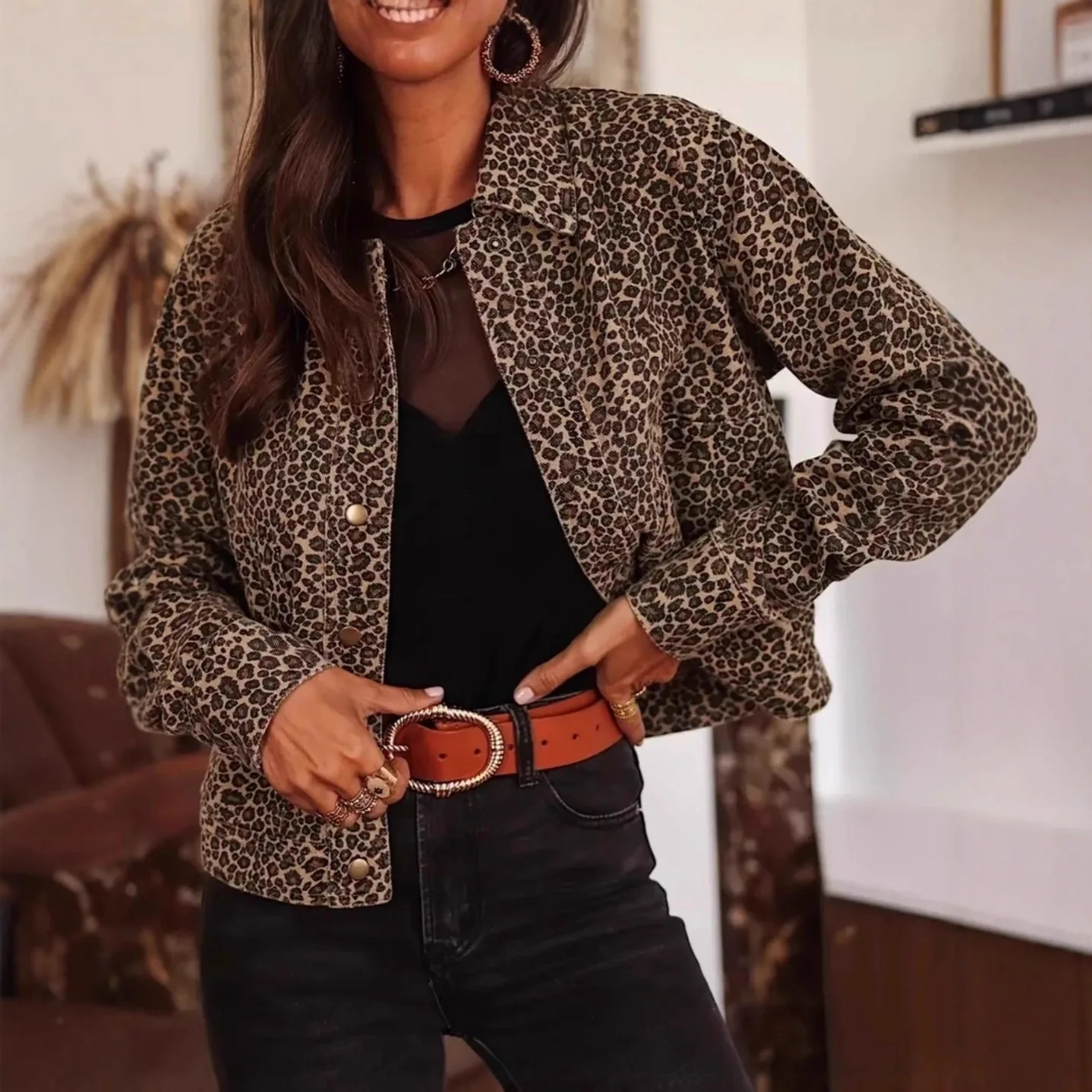 KIDCRKJ Leopard Print Women Spring Jacket Lapel Collar Color Blocked Snap Button Lady Outwear Highstreet Stylish Female Coat