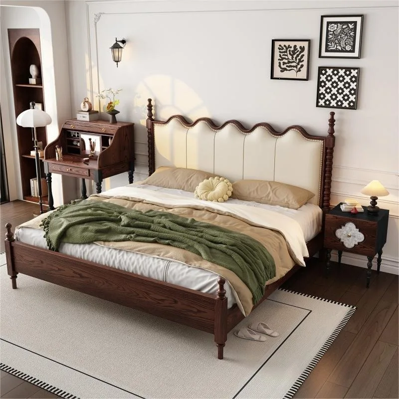 French retro solid wood soft bag bed American double master bedroom ripple bed medium antique storage bed