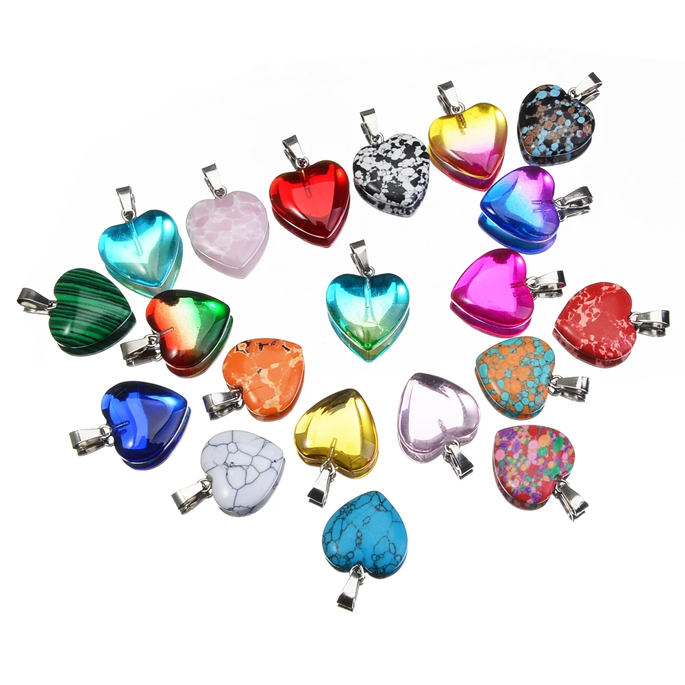 20pcs Random Fashion Heart Pendants, Mixed Color Chakra Heart Natural Stone Crystal Multicolor Pendant Necklace