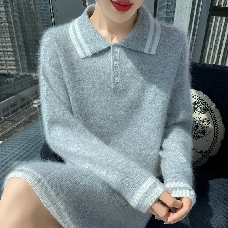 New Women's 100% Mink Cashmere Knitted Polo Neck Pullover Sweater Loose Skirt 2-Piece Set Autumn Winter Fashion Elegant Ensemble
