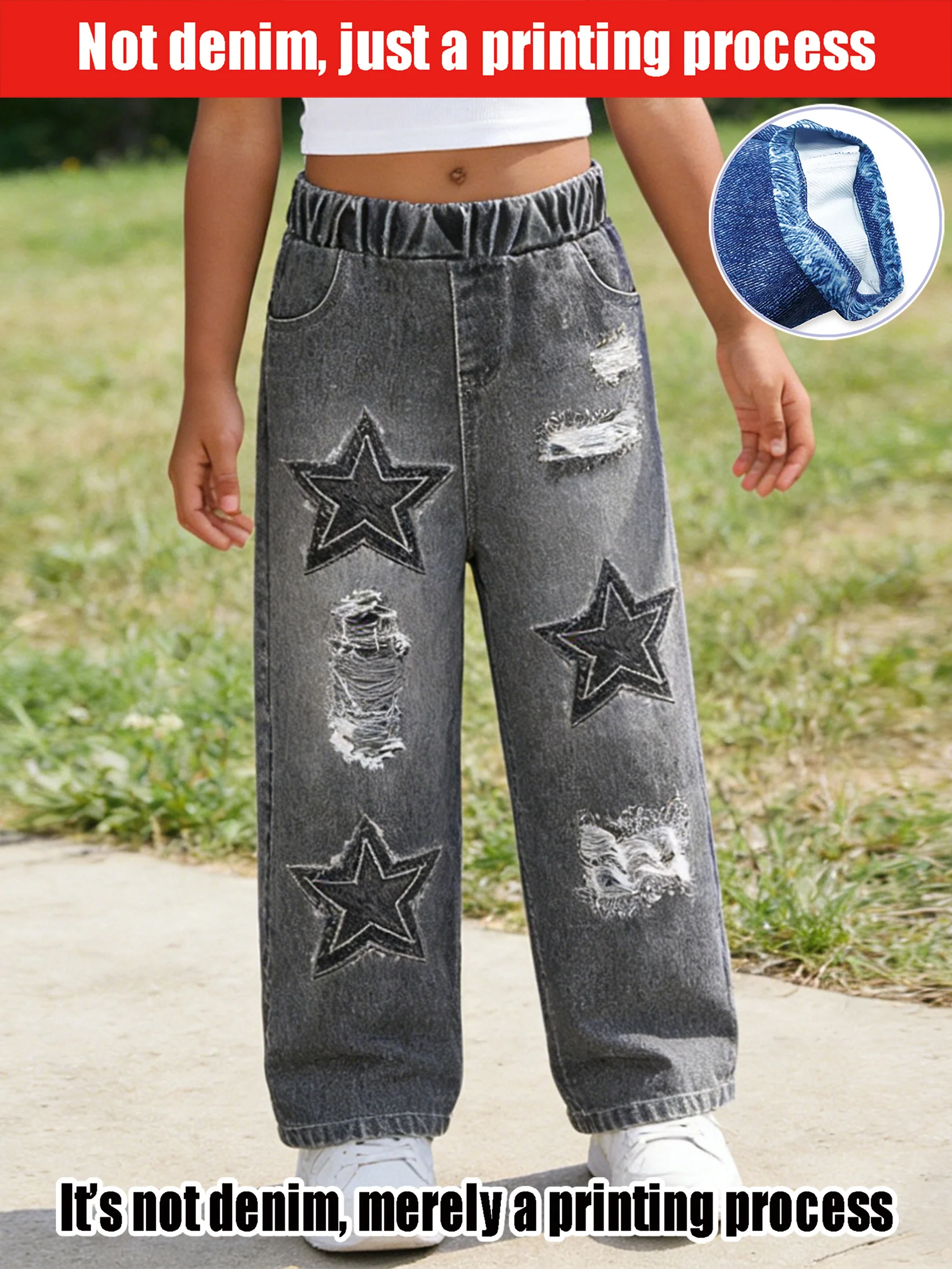 2026 children's gray simulated denim wide-leg pants, old holes + three-dimensional star decoration