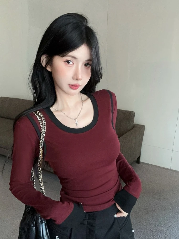 

Women Autumn Long Sleeve Round Neck Color Block T Shirt Korean Style Slim Fit Slender Versatile Fashion Base Top