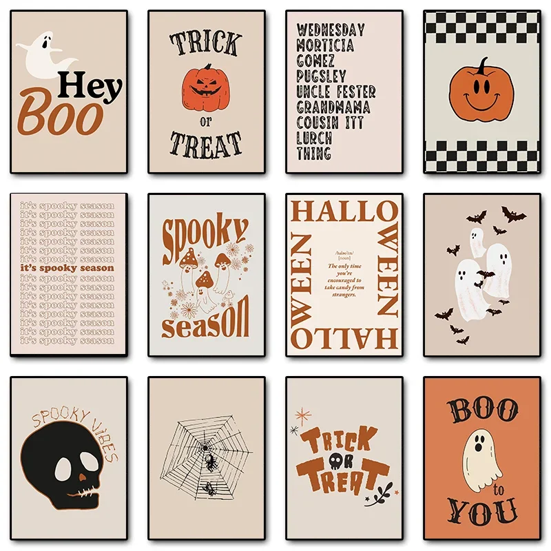 Canvas Painting Cartoon Halloween Pumpkin Spooky Witchy Skeleton Ghost Poster Prints Wall Art Picture for Kids Room Home Decor