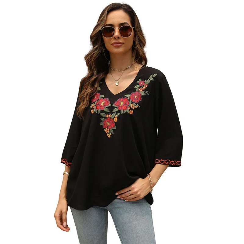 Eaeovni Women\'s Boho Embroidered Tops 3/4 Sleeve Mexican Peasant Shirts Bohemian Loose Tunic Blouses