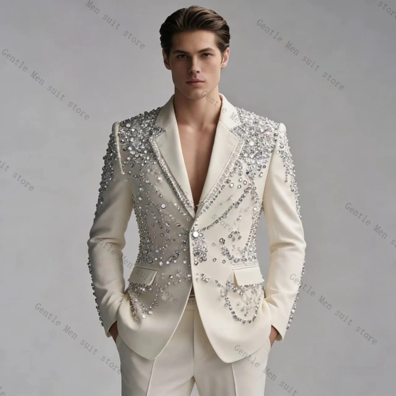 Groom White Men Suit Set 2 Pcs Crystals Blazer+Pants Trousers Wedding Tuxedo Formal Office Business Jacket Coat Customized