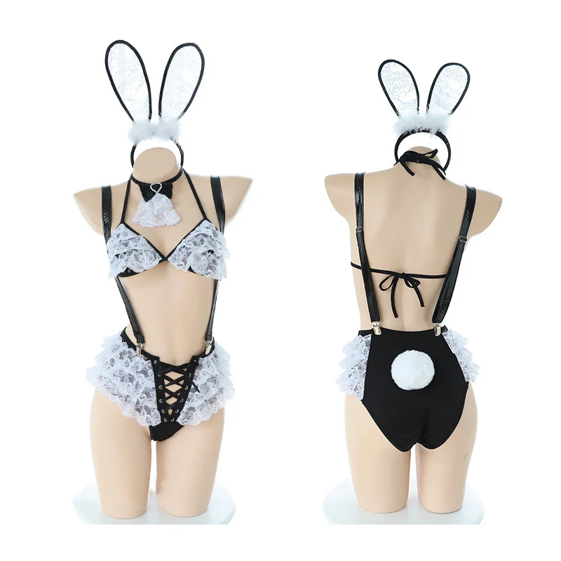 

Cosplay Bunny Girl Babydoll Role-playing Uniform Sexy Erotic Lingerie Set Halter Bra Open Crotch Black Lace Panties Cute Tail