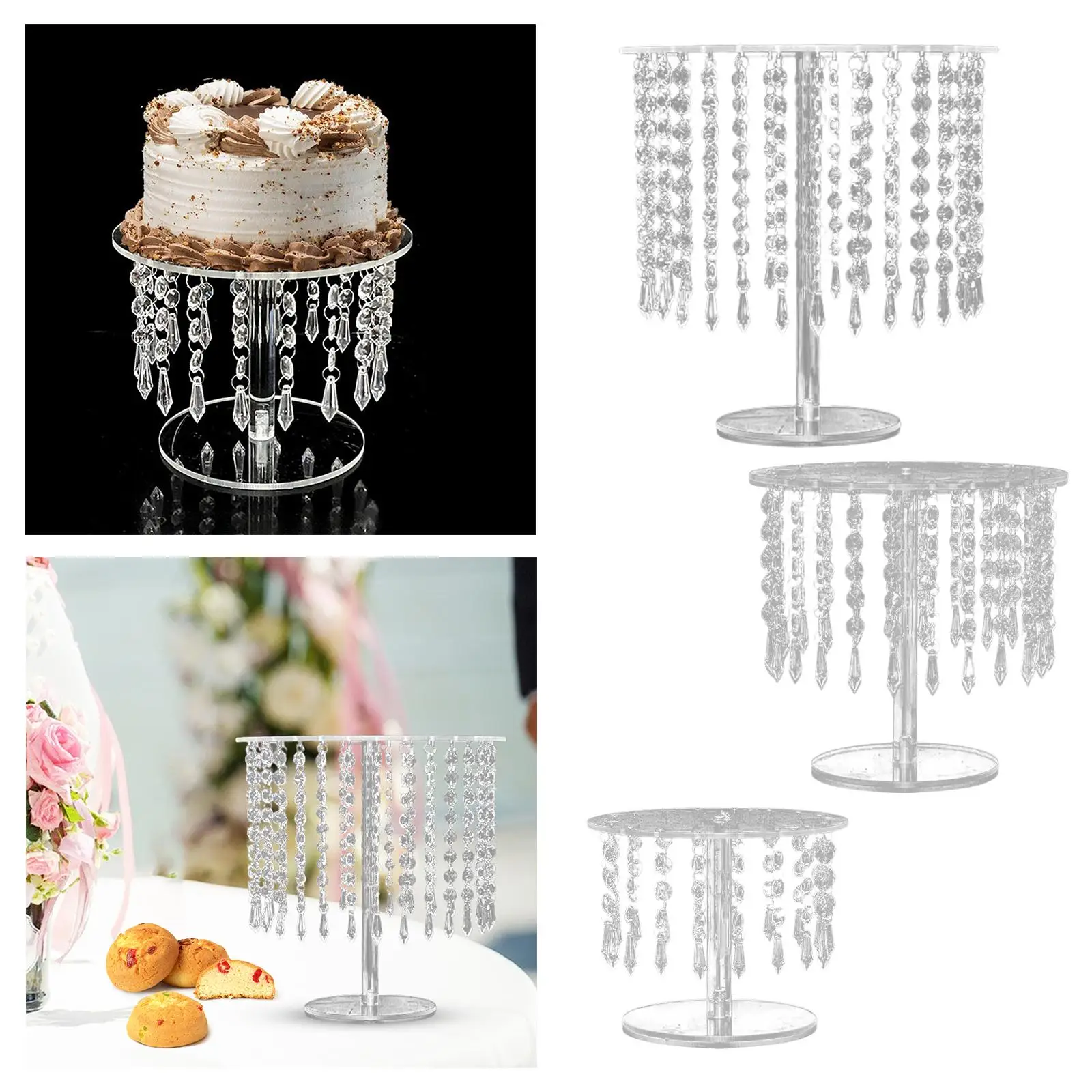 Round Cake Stand Fruit Decorating with Crystal Bling Pendants Candy Snack Tray Cake Pedestal for Event New Year Party Christmas