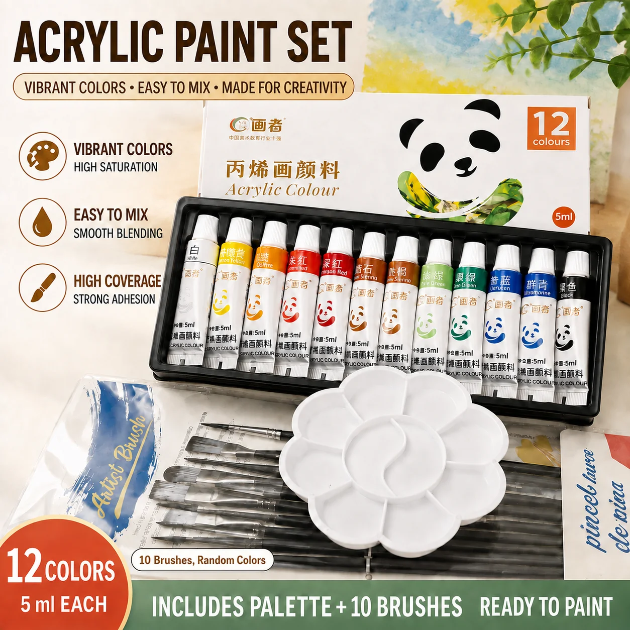 Acrylic Paint Set-Includes 10PCS Brushes and Mini Palette 5ml Tube Painting Art Tool Set for Paper Canvas Ceramics DIY Craft