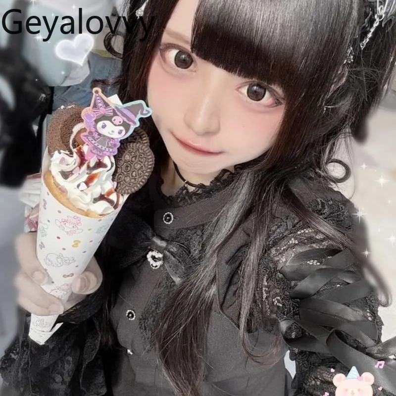 خريف جديد SC مجموعة الفتيات الحلو متوهج كم طويل القوس الجوف لوليتا الإنتاج الضخم فستان سليم والسراويل السوداء قطعتين مجموعة #3