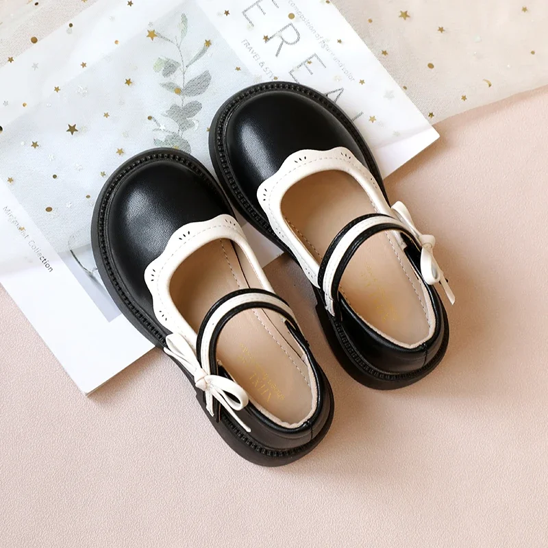 Dziewczęce skórzane buty z antypoślizgową kokardką z okrągłym noskiem Wiosna Jesień Outdoor Girls PU Casual Leather Shoes Sandalias De Mujer