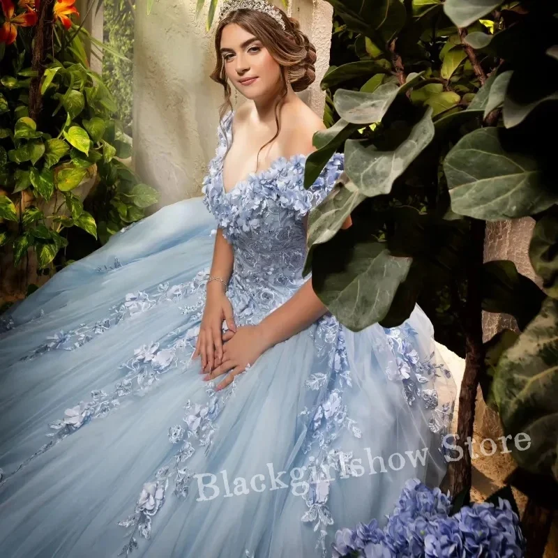 Gaun Prom biru langit gaun Quinceanera Applique bermanik satu bahu hias Applique manis 16 gaun vestido 15 AFO quinceailer