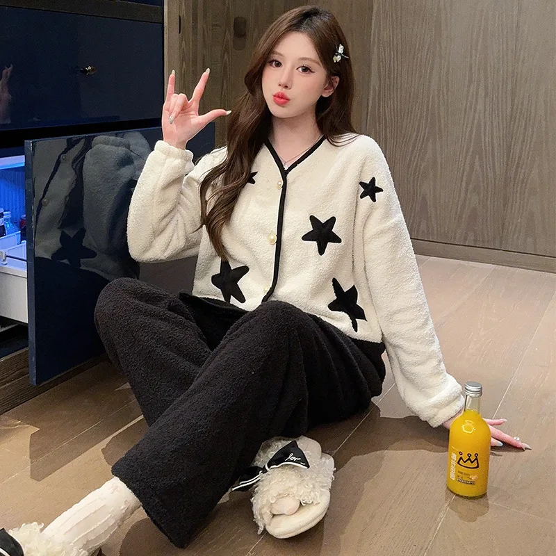 Pijamas femininos de meia pilha outono inverno engrossar doce confortável pijamas cardigan mangas compridas manter quente terno homewear