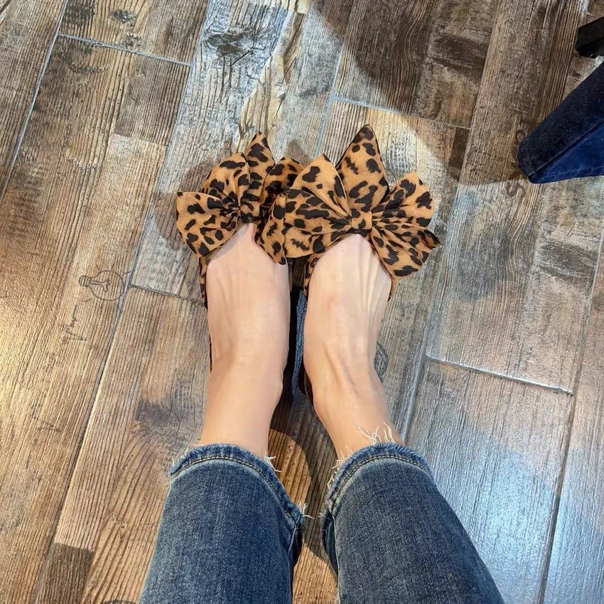 2024 Summer Womans Leopard Print Flat Shoe Casual Pointed Toe Sweet Bow Slingbacks Flats Woman Comfortable Slip On Single Shoes