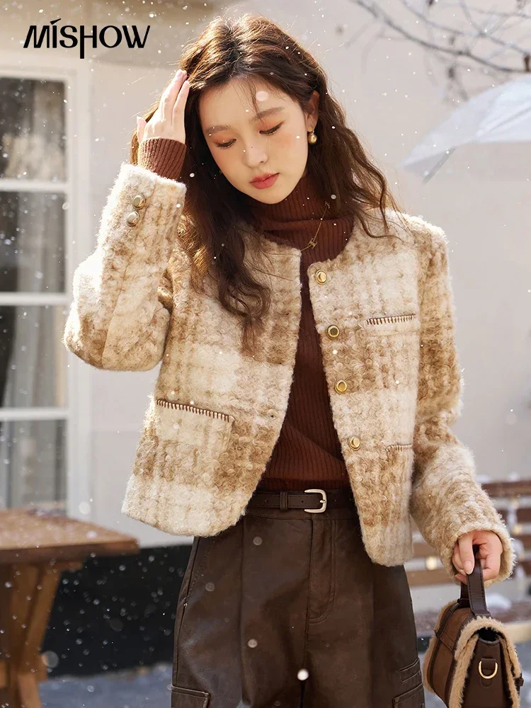 

MISHOW Women's Plaid Short Coat 2024 Autumn Winter Fashion Casual Crew Neck Crop Jacket Single Breasted Outerwear Top MXC55W0144