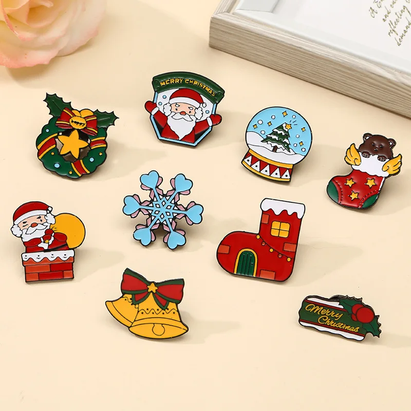 Joyful And Romantic Christmas Collection Brooch Santa Claus Snowflake Bell Metal Enamel Badge Clothing Backpack Pins Accessories