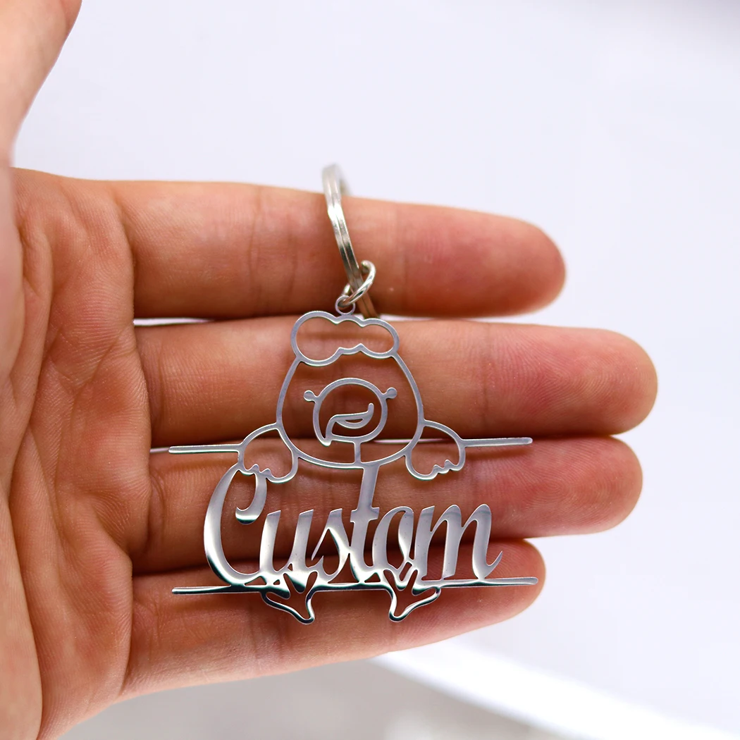 QIAMNI Custom Name Keychain Personalized Birds Chicken Nameplate Pendant Stainless Steel Keyring For Unisex Family Jewelry