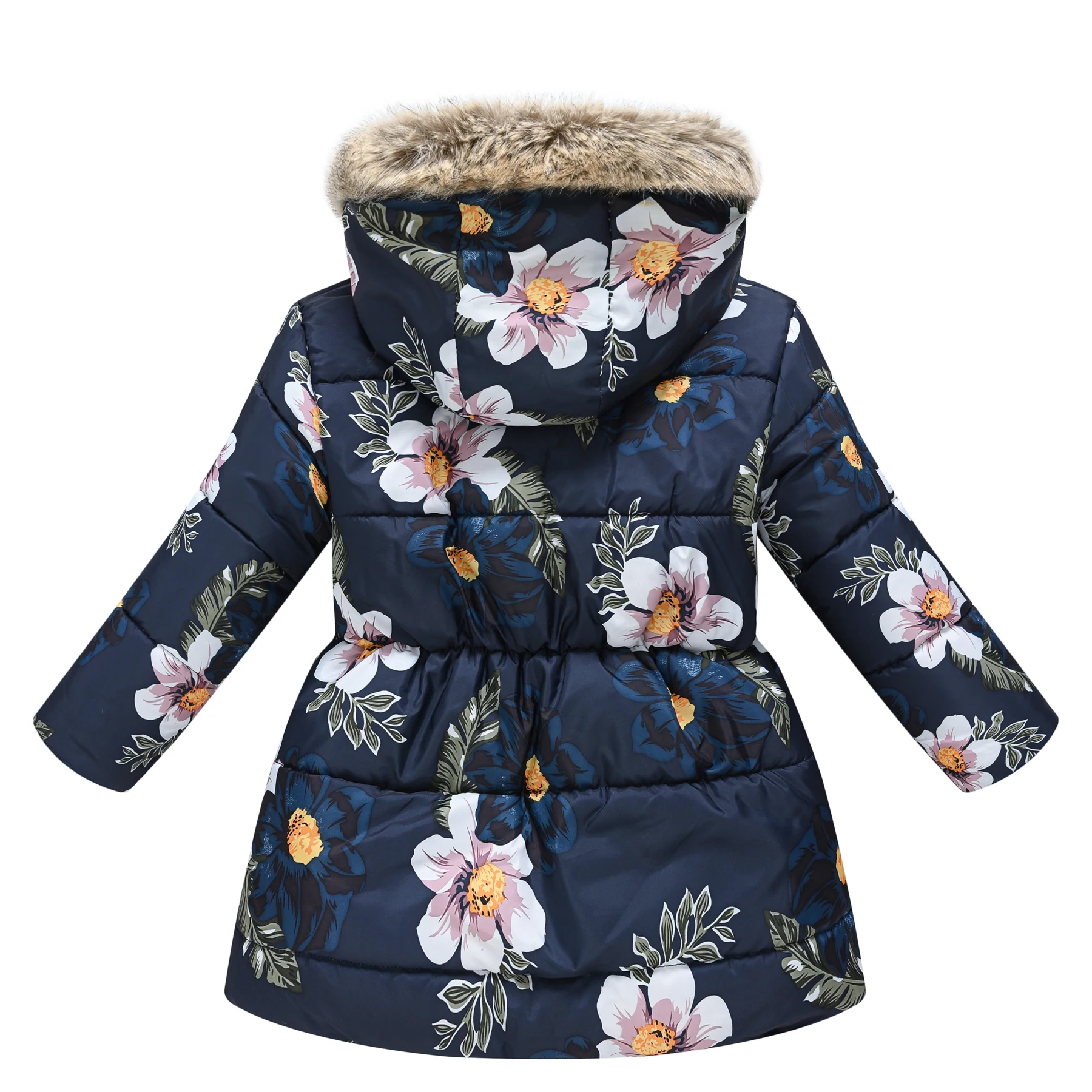 Warm & Stylish: Girls\' Warm  Coat with Flower Print & Fleece Hood - Perfect for Winter!