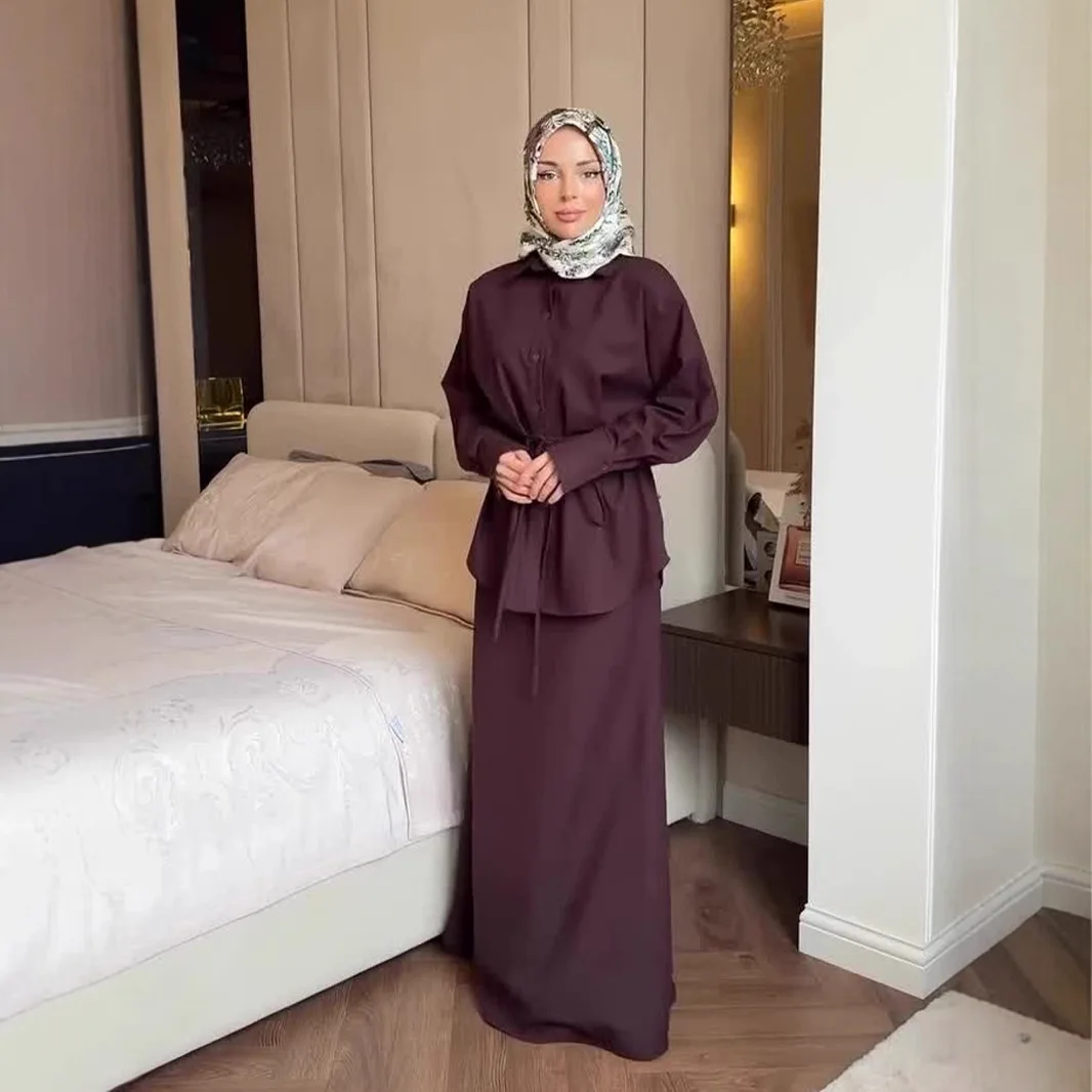 Spring Muslim Fashion Women's Solid Color Casual Trendy Simple Basic Daily Elegant 2 Piece Sets Long Sleeve Tops Skirts Female