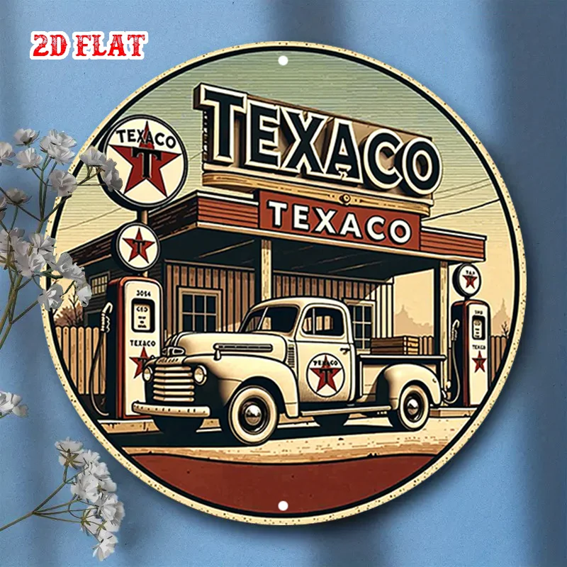 2D flaches 1-teiliges rundes Retro-Holzschild, Markenwerbung-Holzschild – Tankstelle, Texaco, Garagendekoration