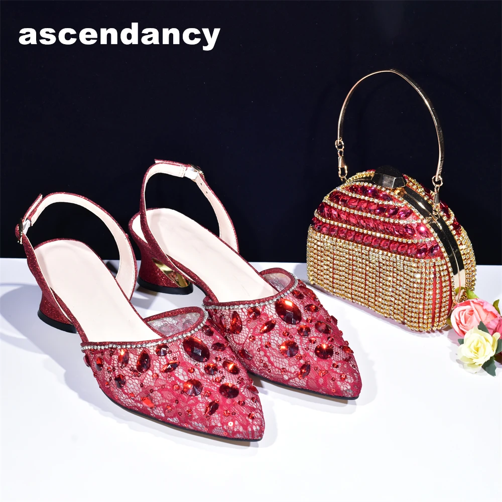 

New Arrival African Wedding Shoes and Bag Set with Rhinestone Italian Design Shoes with Matching Bags Nigerian Lady Party Pumps