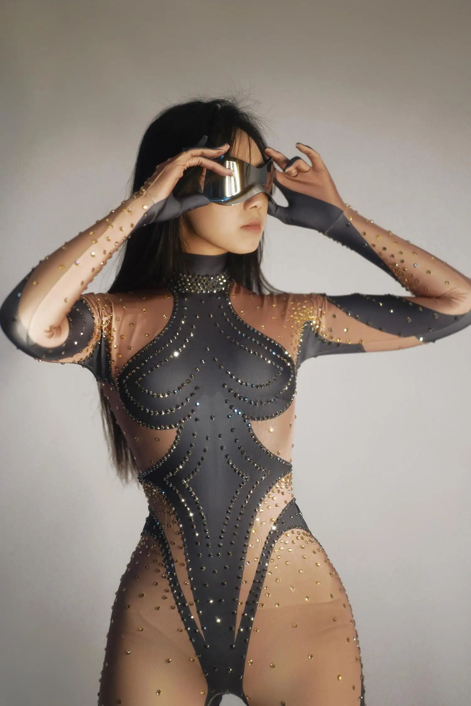 Women Sexy Sparkly Blue Rhinestones Jumpsuit Long Sleeve Glove Prom Party Outfit Dance Performance Costume Stage Wear Dudou