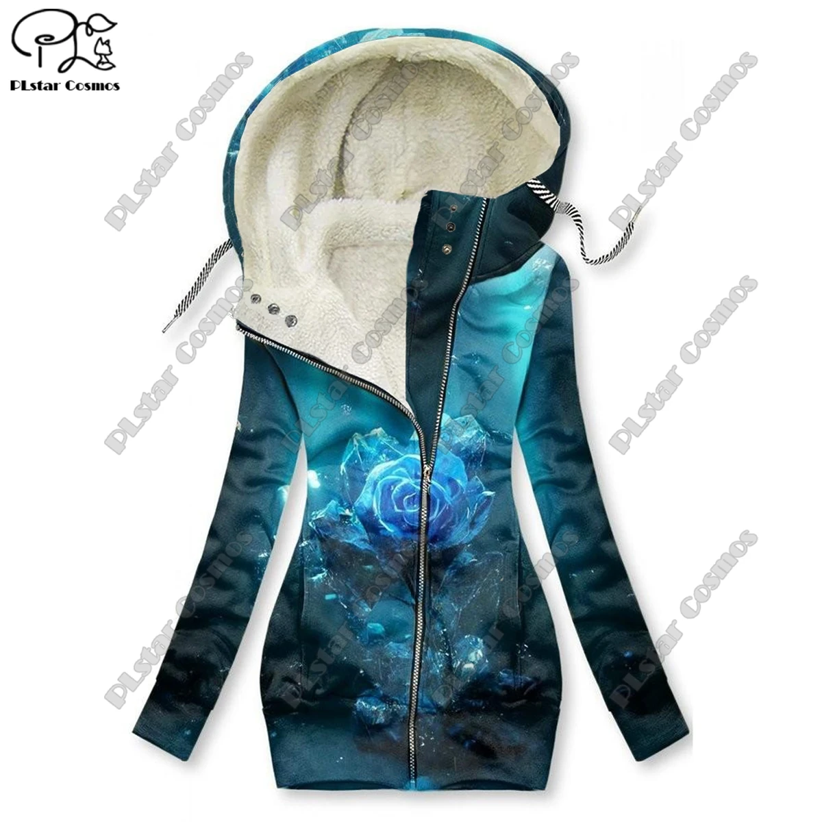 New 3D printing retro series floral and animal patterns plus velvet and warm women's long zipper sweatshirt casual winter L-28